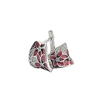 925 Sterling Silver Floral Design Hoop Earrings Lovely Pink Flower Enamel Silver Earrings Clip-on Minimalist Handmade Gift-15x12 mm