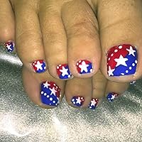 24PCS Independence Day Press on Toe Nails Short Square Fake Toenails Red Blue White False Toenails White Five-Pointed Star American Flags Dots Design Full Cover Glue On Toe Nails for Women Girls