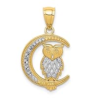 Mens 14K Yellow Gold and Rhodium-Plating Shiny-Cut Owl On The Moon Pendant
