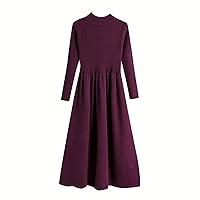 XJYIOEWT Plus Size Summer Dresses Midi,Women Turtleneck Long Sleeve A Line Female Knitted Dress Elegant Ladies Slim WAIS