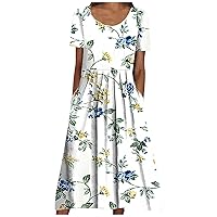 Women's Summer Dresses 2023 Casual Fashion Printed Short Sleeve 2022 O-Neck Pocket Dress Dresses