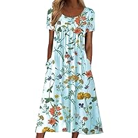 Akivide Women's Boho Colorful Crewneck Floral Print Maxi Dresses Casual Short Sleeve Summer Beach Dress with Pockets 2024