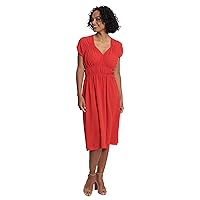London Times Women's V-Neck Dress with Ruching Details at Shoulders and Waist