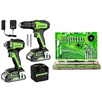 Greenworks 24V Brushless Drill/Driver + Impact Drive Combo Kit, Batteries and Charger Included, with 60-Piece Multi-Material Drill + Drive Bit Set