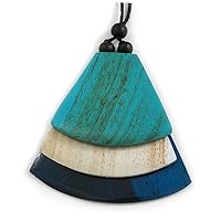 Melange White/Blue/Turquoise Geometric Triangular Wood Pendant with Long Black Cotton Cord Necklace - 9cm L Pendant/ 100cm L/ (max length) - Adjust