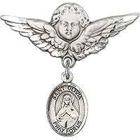 Baby Badge with St. Olivia Charm and Angel with Wings Badge Pin | Sterling Silver Baby Badge with St. Olivia Charm and Angel with Wings Badge Pin - Made In USA
