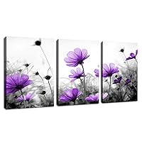 Flowers Wall Art Canvas Pictures Purple Wildflowers Black and White Background 3 Piece Canvas Art Blossom Contemporary Artwork for Home Decoration Office Kitchen Wall Decor 12
