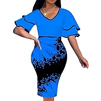 VisiChenup Bodycon Elegant Dress for Women Sexy V Neck Short Ruffles Sleeve Floral Prints Casual African Pencil Dresses Clubwear with Zipper(Small)