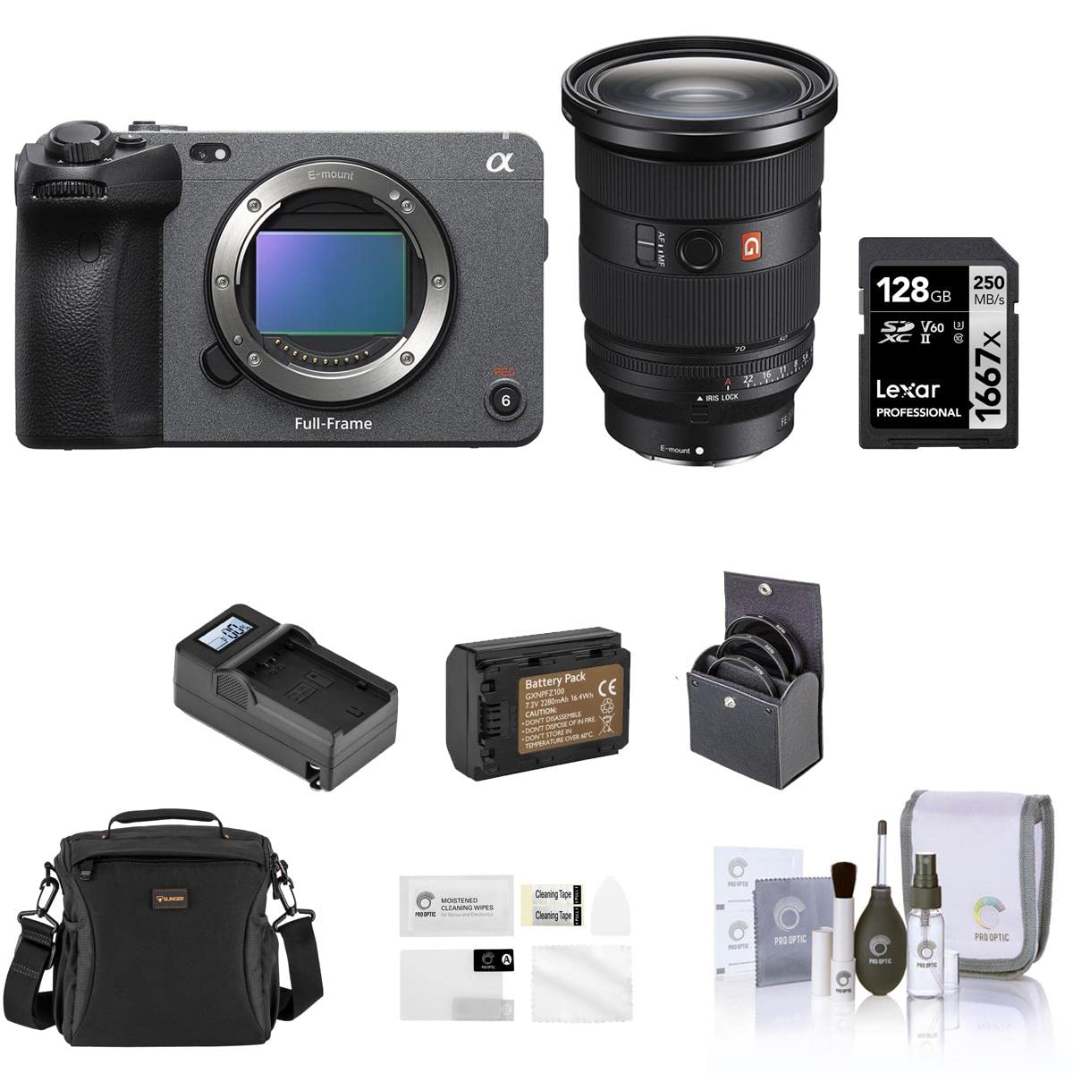 Sony FX3 Full-Frame Cinema Line Camera with 24-70mm Lens, Bundle with 128GB V90 SD Memory Card, Shoulder Bag, Extra Battery, Charger, 82mm Filter Kit, Screen Protector, Cleaning Kit