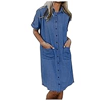 Shirt Dresses for Women Casual Lapel Single-Breasted Panel Straight Short Sleeve Loose Dress with Pockets