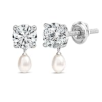925 Sterling Silver Drop Earrings for Women 6x4mm Cultured Freshwater Pearl & 2.00 Carat Round Lab Grown White Diamond or Cubic Zirconia