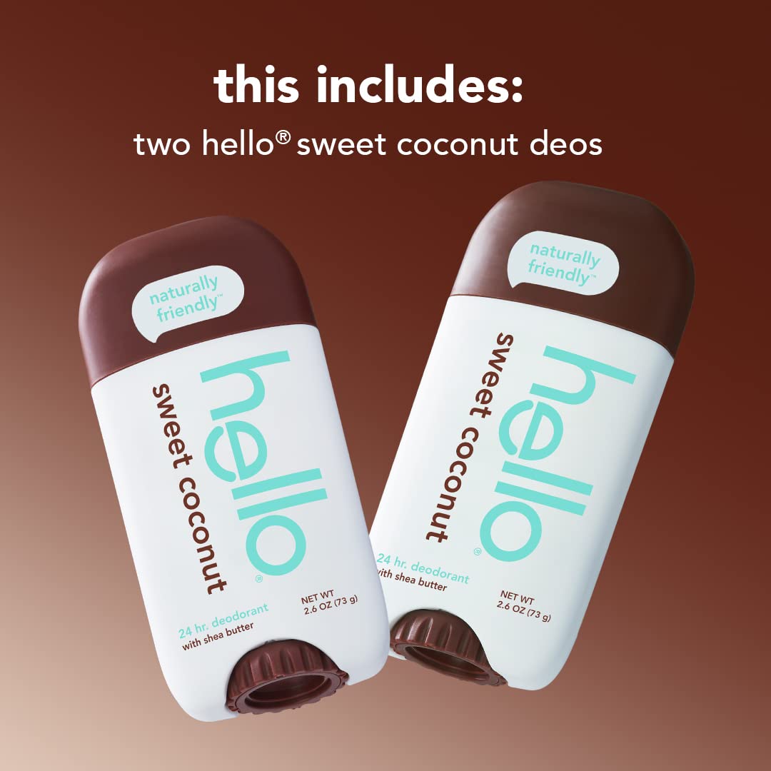 hello Sweet Coconut Deodorant With Shea Butter for Women + Men, Aluminum Free, Baking Soda Free, Parabens Free, 24 Hour Odor Protection, 2.6 Ounce, 2 Pack