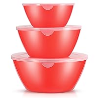 Mixing Bowls with Lids Set，Plastic Mixing Bowls for Kitchen Preparing，Serving and Storing，Set of 3-Includes 3 Bowls and 3 Lids，BPA-FREE Neat Nesting Bowls with Sealing Lids (Red)