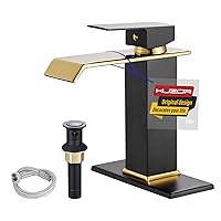 Waterfall Bathroom Faucets 1 Hole Single Handle, Matte Black & Shiny Gold Bathroom Sink Faucet with Metal Pop Up Drain, Modern Square Faucet for Bathroom Sink Single Hole
