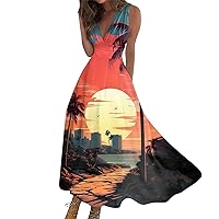 Plus Size Dresses for Curvy Women Spring Summer 2024 Vacation Summer Hawaiian Print V-Neck Sleeveless Tunic Dresses