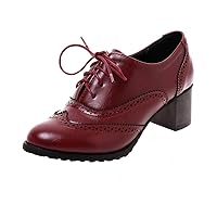 Womens Chunky High Heels Oxfords Pumps Lace Up Block Heels Retro Wingtip Brogues Shoes