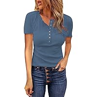 ZEFOTIM Boho Shirts for Women,Summer Basic Patchwork Button Tops Shirts Casual Long Sleeve Crewneck Henley Blouse Tees Tunic Going Out Tops for Women T Shirts for Women(#4-Blue,Small)
