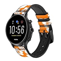 CA0254 Hawaiian Hibiscus Orange Pattern Leather & Silicone Smart Watch Band Strap for Fossil Mens Gen 5E 5 4 Sport, Hybrid Smartwatch HR Neutra, Collider, Womens Gen 5 Size (22mm)