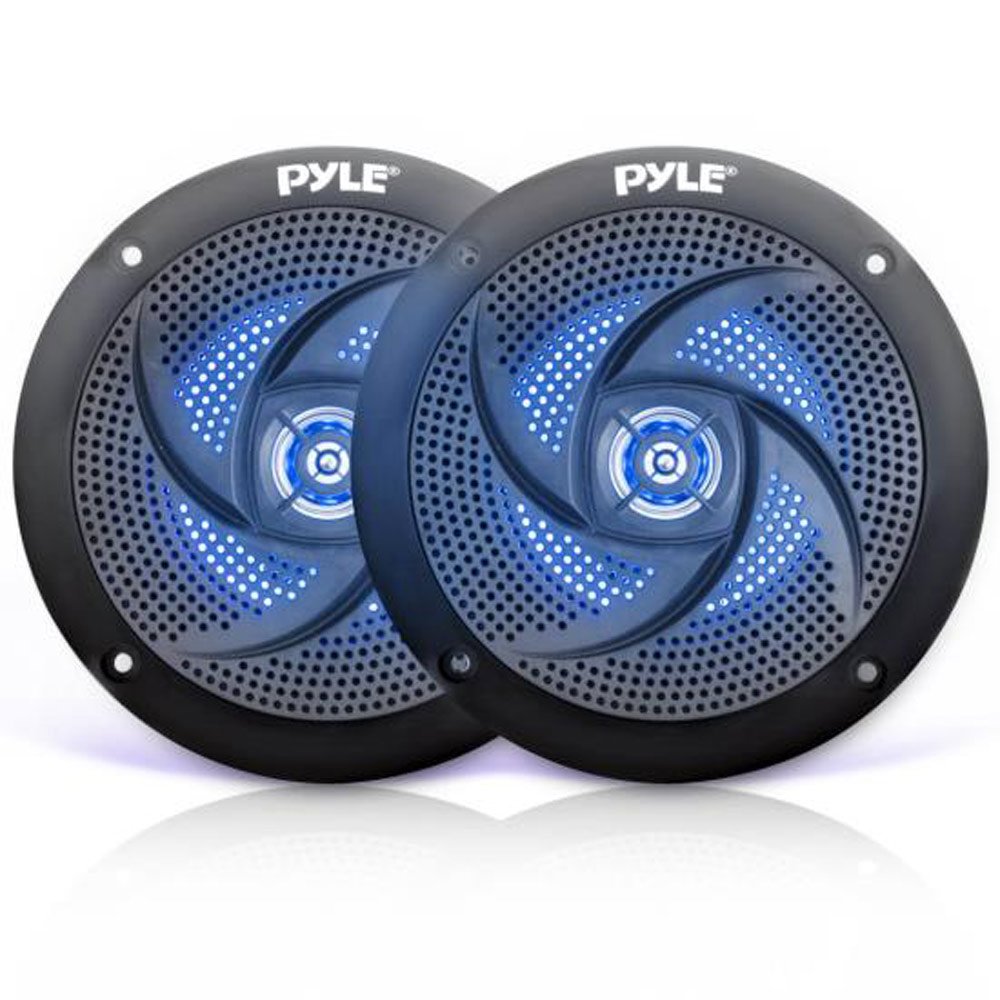 Low-Profile Waterproof Marine Speakers - 100W 4 Inch 2 Way 1 Pair Slim Style Waterproof Weather Resistant Outdoor Audio Stereo Sound System w/ Blue Illuminating LED Lights - Pyle (Black)