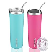 BJPKPK 2 Pack 20oz Skinny Tumblers with Lid Insulated Travel Coffee Cup Stainless Steel Thermal Mug,Turquoise-Pink