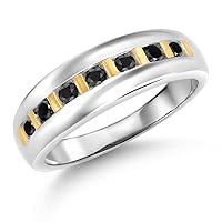 Gem Stone King Men's 925 Sterling Silver and 10K Yellow Gold Black Diamond Wedding Band Ring (0.46 Cttw, Round 2.5MM, Available in Size 7,8,9,10,11,12,13)