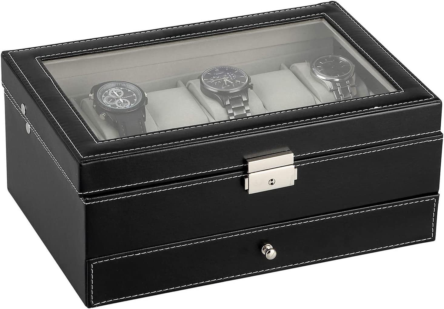 Uten Watch Box, 12 Slots PU Leather Watch Display Case with Jewelry Drawer, Removable Watch Pillow, Metal Clasp, Watch Box Organizer for men and women