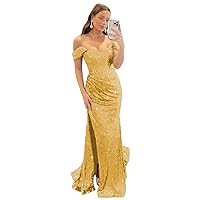 Off The Shoulder Sequin Prom Dresses 2024 Mermaid Long with Slit Formal Evening Dresses