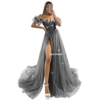 Glitter Tulle Prom Dresses with Sleeves 2024 Off Shoulder Sweetheart 3D Flowers Evening Party Gowns with Slit