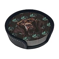 German Shorthaired Pointer Print Leather Coasters Set of 6 Waterproof Heat-Resistant Drink Coasters Round Cup Mat with Holder for Living Room Kitchen Bar Coffee Decor