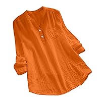 Women's Long Sleeve Henley Shirts Summer Curved Hem Casual Fitted Tunic Tops Button V Neck Solid Blouses with Pocket