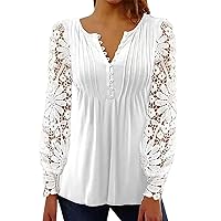 Spring Tops for Women 2024 Trendy Fashion Long Sleeve Lace Tops Dressy Casual Button V Neck Loose Blouses Plus Size Cute Graphic Tees Comfy Boho Tshirts Elegant Shirts Easter(H White,Large)