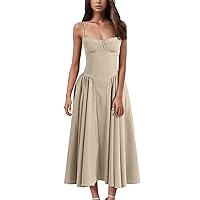 Womens Corset Dress Spaghetti Strap Bustier Midi Dress Flowy Pleated Hem Low Cut Sexy Prom Dresses