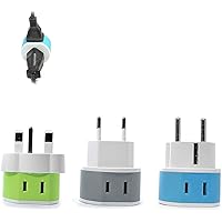 OREI Full European Travel Adapter Set - Dual Input American to Europe, Germany, England, Spain, Italy, Iceland, France, (Type G, E/F, Type C) - 3 Pack, Safe Grounded Use for Cell Phones, Laptops