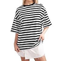 Summer Womens Striped Short Sleeve Baggy Tops Crew Neck Casuak Tunic Tops Fashion Going Out Tshirts