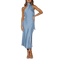 Women's 2024 Summer Satin Dress Elegant Sleeveless Mock Neck Side Slit Cocktail Party Maxi Dresses