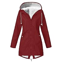Winter Fleece Lined Waterproof Rain Jacket for Women Outdoor Warm Drawstring Hooded Trench Coat Zip Up Tunic Coats
