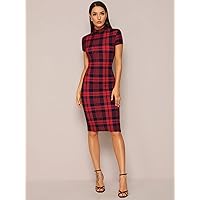 Women's Casual Dresses Mock-Neck Plaid Form Fitted Dress Charming Mystery Special Beautiful (Color : Red, Size : Large)