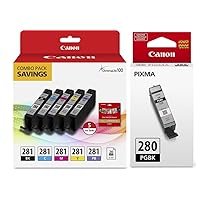 Genuine Canon CLI-281 5-Color Ink Tank Combo Pack with 5 x 5 Photo Paper (2091C006) Canon PGI-280 Pigment Black Ink Tank (2075C001)