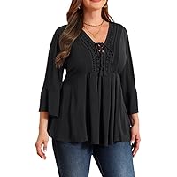 Pinup Fashion Women's Plus Size 3/4 Sleeve Tunic Lace Up V Neck Tassel Casual Peplum Tops 1X-5X