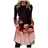 Women's Fall Dresses Fashion Casual Flower Printed Round Neck Pullover Loose Long Sleeve Dress Winter, S-3XL