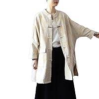 Women's Trench Coat Cotton Linen Jacquard Loose Long Sleeve Button Down Chinese Vintage Long Jacket
