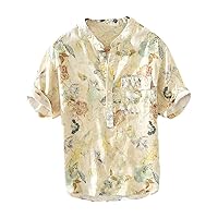 Linen Shirt for Men Literature and Art Fresh Wild Young Party Holiday Thin Half Sleeve Stand Pocket Slim Top