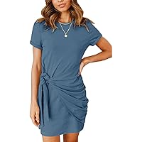 MEROKEETY Women's Short Sleeve Crew Neck T Shirt Dress Tie Waist Ruched Bodycon Mini Dress