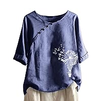 Women's 3/4 Sleeve Cotton Linen Blouses Plus Size Summer Tops Vintage Dandelion Print T-Shirt Loose Button Tunic Shirt