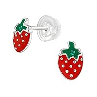 Hypoallergenic 925 Sterling Silver Red Strawberry Summer Fruit Stud Earrings Adorned with Comfort Fit Push Back Closings for Girls and Women