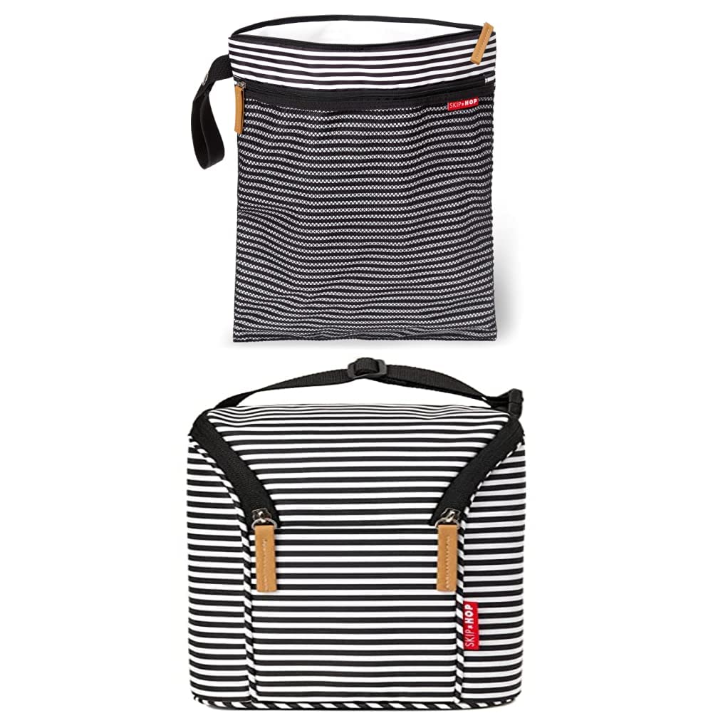 Skip Hop Baby 3-Piece Travel Set, Essentials Gift Set: Portable Changing Pad, Stroller Organizer, and Bottle Bag, Black & White Stripes