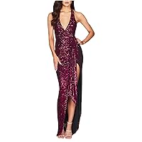 Womens Formal Sequined Evening Dress Sexy Low Cut Deep V Neck Glitter Halter Dress Side Slit Cocktail Party Ball Gown