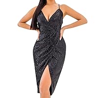 Curvy Cocktail Dresses for Women,and Sexy Sequin Suspender Slit Dress Nightclub Dress Formal Dresses for Women
