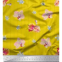 Soimoi Japan Crepe Yellow Fabric - by The Yard - 42 Inch Wide - Stripe, Wildflower & Orchids Floral Textile - Chic and Vibrant Patterns for Trendy Projects Printed Fabric