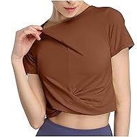 Summer Yoga Sport Tops Casual Trendy T-Shirts Cute Front Wrinkles Crop Tops Crewneck Short Sleeve Solid Color Tees